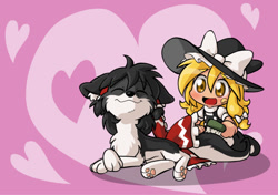 Size: 850x599 | Tagged: safe, artist:coffgirl, marisa kirisame (touhou), reimu hakurei (touhou), canine, human, mammal, wolf, feral, touhou, bow, brushing, clothes, cute, dress, duo, duo female, female, females only, hat, heart, species swap, witch, witch hat
