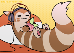 Size: 700x508 | Tagged: safe, artist:blitzdrachin, fictional species, furret, mammal, feral, nintendo, pokémon, 2021, :3, abstract background, ambiguous gender, apple, digital art, food, fruit, headphones, lying down, on back, paws, smiling, solo, solo ambiguous, underpaw, wire