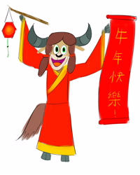 Size: 1280x1600 | Tagged: safe, artist:horsesplease, yona (mlp), mammal, yak, anthro, friendship is magic, hasbro, my little pony, anthrofied, banner, chinese, chinese new year, clothes, female, hanfu, lantern, robe, solo, solo female
