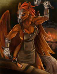Size: 612x792 | Tagged: suggestive, artist:caribou, bird, equine, fictional species, hippogriff, hybrid, mammal, phoenix, anthro, anvil, apron, beak, biceps, big breasts, blacksmith, bracers, breasts, brown body, brown feathers, brown fur, cleavage, clothes, detailed background, ear fluff, feathered wings, feathers, female, fluff, forging, fur, hair, hammer, hand hold, holding, muscles, muscular female, naked apron, neck fluff, nudity, partial nudity, red hair, silver tail, solo, solo female, tail, tongs, tools, wings