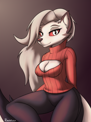 Size: 2900x3900 | Tagged: safe, artist:ravirr94, loona (vivzmind), canine, fictional species, hellhound, mammal, anthro, hazbin hotel, helluva boss, 2021, boob window, bottomwear, breasts, cheek fluff, cleavage, clothes, colored sclera, eyebrows, eyelashes, female, fluff, fur, gradient background, gray body, gray fur, hair, hand behind back, high res, keyhole sweater, long hair, looking at you, pants, red sclera, slit pupils, smiling, smiling at you, solo, solo female, sweater, tail, topwear, white eyes, white hair