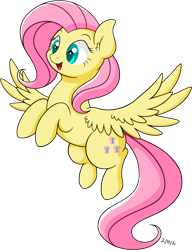 Size: 1494x1942 | Tagged: safe, artist:18-s, fluttershy (mlp), equine, fictional species, mammal, pegasus, pony, feral, friendship is magic, hasbro, my little pony, 2021, cutie mark, feathered wings, feathers, female, flying, fur, hair, happy, mane, mare, open mouth, pink hair, pink mane, pink tail, simple background, smiling, solo, solo female, spread wings, tail, transparent background, wings, yellow body, yellow fur