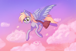 Size: 6000x4000 | Tagged: safe, artist:stravyvox, derpy hooves (mlp), equine, fictional species, mammal, pegasus, pony, feral, friendship is magic, hasbro, my little pony, 2021, absurd resolution, bag, cloud, derp, feathered wings, feathers, female, flying, mailbag, mare, sky, smiling, solo, solo female, tail, wings