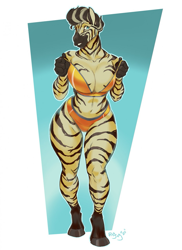 Size: 931x1280 | Tagged: safe, artist:rayjay, equine, mammal, zebra, anthro, unguligrade anthro, 2020, big breasts, bikini, bikini top, black hair, blue eyes, breasts, cleavage, clothes, ears, female, fur, hair, hooves, looking at you, multicolored hair, signature, smiling, solo, solo female, striped fur, swimsuit, two toned hair, white body, white fur, white hair