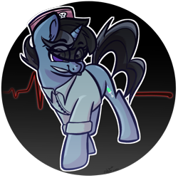 Size: 1500x1500 | Tagged: safe, artist:binkyt11, oc, oc only, oc:nurse bloodlust, equine, fictional species, mammal, pony, unicorn, feral, hasbro, my little pony, clothes, ear fluff, electrocardiogram, eye through hair, female, flatline, fluff, hair, hat, holding, hooves, insanity, knife, looking at you, mare, mouth hold, nurse outfit, purple eyes, solo, solo female