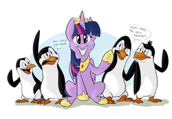 Size: 2000x1384 | Tagged: safe, artist:orlandofox, kowalski (madagascar), private (madagascar), rico (madagascar), skipper (madagascar), twilight sparkle (mlp), alicorn, bird, equine, fictional species, mammal, penguin, pony, feral, dreamworks animation, friendship is magic, hasbro, madagascar, my little pony, beak, black body, black eyes, crossover, crown, dialogue, feathers, female, fluff, front view, fur, grin, group, head fluff, hoof shoes, jewelry, male, mare, multicolored feathers, multicolored mane, open mouth, orange body, purple body, purple eyes, purple fur, regalia, sitting, standing, talking, two toned feathers, white body