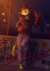 Size: 905x1280 | Tagged: safe, artist:fox-popvli, oc, oc only, cheetah, feline, mammal, anthro, brown hair, city, clothes, countershading, dreadlocks, dutch angle, fangs, female, fence, fur, graffiti, hair, hand in pocket, holding object, hoodie, jeans, looking sideways, night, orange body, orange fur, pants, sharp teeth, shoes, sneakers, solo, solo female, spotted fur, teeth, thief, topwear, urban, wallet, white body, white fur, yellow eyes