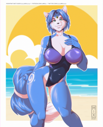 Size: 813x1001 | Tagged: suggestive, artist:galacticmichi, krystal (star fox), canine, fox, mammal, anthro, nintendo, star fox, 2021, beach, black nose, blue body, blue fur, blue hair, breasts, butt, cameltoe, cheek fluff, cleavage, clothes, detailed background, dipstick tail, eyebrows, eyelashes, female, fluff, fur, glistening, glistening body, green eyes, hair, hand behind back, hand on breast, head jewelry, jewelry, looking at you, ocean, one-piece swimsuit, outdoors, seaside, short hair, smiling, smiling at you, solo, solo female, swimsuit, tail, tail fluff, tail jewelry, tail ring, tribal markings, underass, vixen, water, white body, white fur