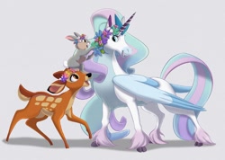 Size: 1080x770 | Tagged: character needed, safe, artist:tuwka, bambi (bambi), thumper (bambi), alicorn, cervid, classical unicorn, deer, equine, fictional species, lagomorph, mammal, rabbit, feral, bambi (film), disney, 2d, black nose, blue body, blue fur, brown body, brown fur, cloven hooves, commission, cream body, cream fur, fawn, feathered wings, feathers, female, flower, flower on head, folded wings, fur, gray body, gray fur, group, hair, happy, hooves, horn, male, mare, multicolored hair, on model, open mouth, paws, pink nose, size difference, tan body, tan fur, trio, ungulate, unshorn fetlocks, white body, white fur, wings, ych result, young