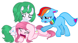 Size: 1121x625 | Tagged: safe, artist:muhammad yunus, rainbow dash (mlp), oc, oc only, oc:annisa trihapsari, oc:choi sky, oc:rainbow eevee, earth pony, eevee, eeveelution, equine, fictional species, hybrid, mammal, pokémon pony, pony, unicorn, feral, friendship is magic, hasbro, my little pony, nintendo, pokémon, base used, blue body, eyes closed, female, floppy ears, green hair, group, hair, magenta eyes, mare, open mouth, pink body, pink hair, simple background, tail, transparent background