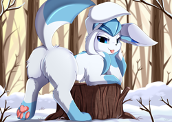Size: 3550x2509 | Tagged: safe, artist:pridark, eeveelution, fictional species, glaceon, mammal, feral, nintendo, pokémon, 2021, ambiguous gender, big ears, blep, blue body, blue eyes, blue fur, butt, butt fluff, commission, ears, fluff, fur, high res, looking at you, looking back, looking back at you, outdoors, paw pads, paws, presenting, raised tail, snow, solo, solo ambiguous, tail, teasing, tongue, tongue out, tree stump, underpaw, white body, white fur