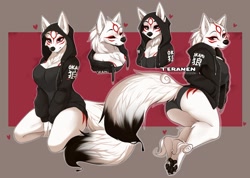 Size: 1521x1084 | Tagged: safe, alternate version, artist:teranen, amaterasu (okami), canine, mammal, wolf, anthro, capcom, okami, 2020, abstract background, belly button, border, breasts, bust, chest fluff, clothes, digital art, eyes closed, female, fluff, heart, hoodie, looking at you, looking back, looking back at you, paw pads, paws, signature, sitting, solo focus, tail, tail fluff, topwear, underpaw
