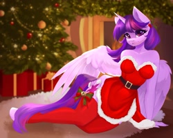 Size: 2056x1643 | Tagged: safe, artist:u_lu_lu, twilight sparkle (mlp), alicorn, equine, fictional species, mammal, pony, anthro, friendship is magic, hasbro, my little pony, 2021, anthrofied, bottomwear, breasts, christmas, christmas lights, christmas tree, clothes, commission, conifer tree, dress, feathered wings, feathers, female, gift, holiday, horn, legwear, lights, mare, sitting, skirt, smiling, socks, solo, solo female, tail, thigh highs, tree, wings, ych result