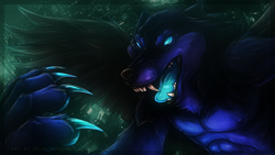 Size: 1920x1080 | Tagged: safe, artist:velociawesome, canine, mammal, wolf, anthro, ambiguous gender, blue body, blue eyes, blue fur, blue tongue, bust, claws, colored tongue, ears laid back, fangs, feathered wings, feathers, fluff, fur, muscles, neck fluff, nudity, open mouth, portrait, sharp teeth, solo, solo ambiguous, teeth, tongue, watermark, wings
