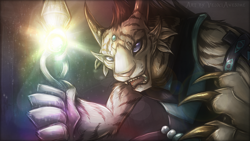 Size: 1920x1080 | Tagged: safe, artist:velociawesome, charr, feline, fictional species, mammal, anthro, guild wars, 16:9, ambiguous gender, bust, glowing, portrait, solo, solo ambiguous, wallpaper