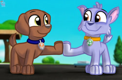 Size: 1280x843 | Tagged: safe, artist:rainbow eevee, rocky (paw patrol), zuma (paw patrol), canine, dog, labrador, mammal, mutt, feral, nickelodeon, paw patrol, 2020, bag, best friends, black nose, collar, digital art, duo, duo male, ears, fur, looking at each other, male, males only, smiling, tail
