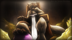 Size: 1920x1080 | Tagged: safe, artist:velociawesome, canine, mammal, wolf, anthro, crown, gold, jewelry, male, regalia, solo, solo male, sword, throne, weapon
