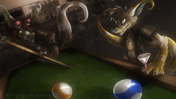 Size: 1920x1080 | Tagged: safe, artist:velociawesome, fictional species, mammal, anthro, 16:9, ambiguous gender, billiards, crux, pool cue, pool table, wallpaper