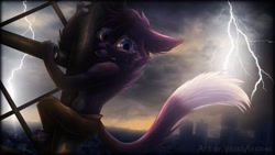 Size: 1280x720 | Tagged: safe, artist:velociawesome, cat, feline, mammal, anthro, city, lightning, storm, tower