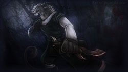 Size: 1280x720 | Tagged: safe, artist:velociawesome, charr, feline, fictional species, mammal, anthro, guild wars, dagger, forest, male, scenery, solo, solo male, weapon