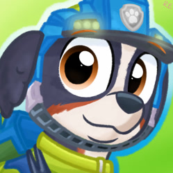 Size: 1273x1280 | Tagged: safe, artist:rainbow eevee, rex (paw patrol), canine, dog, mammal, feral, nickelodeon, paw patrol, 2020, black nose, bust, clothes, collar, digital art, ears, fur, helmet, looking at you, male, portrait, solo, solo male, tail, topwear, vest