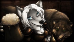 Size: 1280x720 | Tagged: safe, artist:velociawesome, canine, fox, mammal, wolf, anthro, feral, ale, ambiguous gender, ambiguous only, bust, duo, duo ambiguous, portrait, tankard