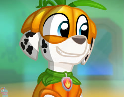 Size: 1280x1007 | Tagged: safe, artist:rainbow eevee, marshall (paw patrol), canine, dalmatian, dog, mammal, feral, nickelodeon, paw patrol, 2020, black nose, clothes, collar, costume, digital art, ears, fur, halloween, halloween costume, holiday, male, smiling, solo, solo male, spotted body, spotted fur, tail