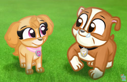Size: 1280x837 | Tagged: safe, artist:rainbow eevee, rubble (paw patrol), skye (paw patrol), bulldog, canine, cockapoo, dog, mammal, feral, nickelodeon, paw patrol, 2020, black nose, collar, digital art, duo, ears, female, fur, looking at each other, male, smiling, tail