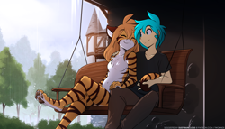 Size: 2240x1280 | Tagged: safe, artist:twokinds, flora (twokinds), trace (twokinds), big cat, feline, fictional species, human, keidran, mammal, tiger, anthro, digitigrade anthro, twokinds, breasts, chest fluff, cyan hair, duo, eyes closed, featureless breasts, female, fluff, hair, male, orange hair, rain, sitting, swing