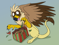 Size: 1163x887 | Tagged: safe, artist:theroguez, oc, oc only, oc:serilde, bird, bird of prey, eagle, feline, fictional species, gryphon, mammal, spanish imperial eagle, feral, beak, bird feet, brown feathers, claws, eagle gryphon, feathered wings, feathers, female, fur, green eyes, open beak, open mouth, paws, presents, solo, solo female, tail, tail tuft, talons, waving, wings, yellow body, yellow fur