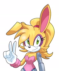 Size: 1797x2170 | Tagged: safe, artist:melodyclerenes, bunnie rabbot (sonic), lagomorph, mammal, rabbit, anthro, archie sonic the hedgehog, sega, sonic the hedgehog (series), female, gesture, green eyes, peace sign, solo, solo female