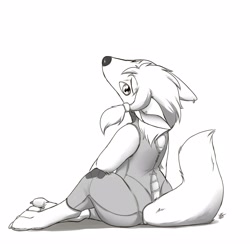 Size: 2500x2500 | Tagged: safe, artist:louart, canine, mammal, wolf, anthro, ambiguous gender, clothes, high res, looking at you, looking back, looking back at you, sitting, tail