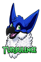 Size: 800x1200 | Tagged: safe, artist:likeshine, oc, oc only, oc:turbulence (absol989), bird, feline, fictional species, gryphon, mammal, ambiguous form, 2019, animated, apng, badge, beak, blue feathers, bust, character name, cheek fluff, chest fluff, colored pupils, digital art, ears, feathers, fluff, green eyes, happy, male, neck fluff, open beak, open mouth, portrait, simple background, smiling, solo, solo male, three-quarter view, tongue, white background