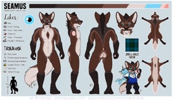 Size: 1280x741 | Tagged: safe, artist:soryane, oc, oc only, oc:seamus (roguefox89), arctic fox, canine, eeveelution, fictional species, fox, hybrid, mammal, maned wolf, vaporeon, anthro, digitigrade anthro, feral, nintendo, pokémon, 2019, blue eyes, bottom view, bottomwear, brown body, brown fur, chibi, clothes, color palette, complete nudity, cream body, cream fur, digital art, duality, featureless crotch, fluff, front view, fur, gloves (arm marking), jacket, male, moustache, multicolored fur, neck fluff, nudity, pants, paws, poké ball, rear view, reference sheet, side view, signature, silhouette, socks (leg marking), solo, solo male, top view, topwear