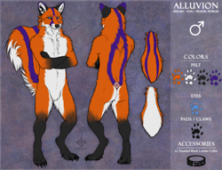 Size: 1280x976 | Tagged: safe, artist:cedarwolf, oc, oc only, oc:alluvion (mtp123654), canine, fox, hybrid, mammal, skunk, anthro, digitigrade anthro, 2015, abstract background, big tail, black body, black fur, character name, cheek fluff, chest fluff, claws, color palette, complete nudity, crossed arms, digital art, disembodied tail, ear fluff, featureless crotch, fluff, fur, gender symbol, looking at you, male, male symbol, neck fluff, nudity, orange body, orange fur, paws, pubic fluff, purple body, purple fur, raised tail, rear view, reference sheet, solo, solo male, standing, tail, tail fluff, three-quarter view