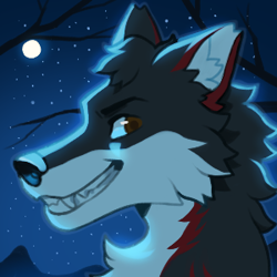 Size: 300x300 | Tagged: safe, artist:solarbyte, oc, oc only, oc:nusku (mtp123654), canine, mammal, wolf, anthro, 1:1, black nose, brown eyes, cheek fluff, chest fluff, digital art, fangs, fluff, full moon, fur, gray body, gray fur, grin, head fluff, looking at you, low res, male, moon, moonlight, neck fluff, night, profile, red body, red fur, sharp teeth, side view, smiling, solo, solo male, star, teeth, tree, white body, white fur