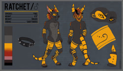 Size: 3475x1999 | Tagged: safe, alternate version, artist:tazara, oc, oc only, oc:ratchet (ratchetlomu), fictional species, mammal, thel, anthro, digitigrade anthro, 2014, body markings, butt, character name, claws, close-up, color palette, digital art, eyebrows, fangs, featureless crotch, front view, fur, gender symbol, gray body, gray fur, gray hair, hair, high res, horns, male, male symbol, multicolored body, multicolored fur, multicolored hair, paw pads, paws, rear view, red hair, reference sheet, sharp teeth, solo, solo male, standing, tail, teeth, yellow body, yellow eyes, yellow fur