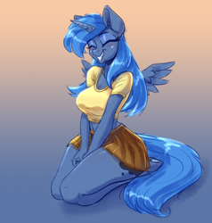 Size: 2250x2362 | Tagged: safe, alternate version, artist:dandy, princess luna (mlp), alicorn, equine, fictional species, mammal, pony, anthro, unguligrade anthro, friendship is magic, hasbro, my little pony, 2021, adorasexy, anthrofied, big breasts, blushing, bottomwear, breasts, cleavage, clothes, crop top, cute, eyes closed, eyeshadow, feathered wings, feathers, female, grin, high res, hooves, horn, kneeling, legs, makeup, mare, midriff, sexy, shirt, skirt, small wings, smiling, solo, solo female, tail, thighs, topwear, wings