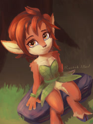 Size: 900x1200 | Tagged: safe, artist:raikohillust, elora (spyro), faun, fictional species, mammal, anthro, unguligrade anthro, spyro the dragon (series), 2018, 4 fingers, amber eyes, brown body, brown fur, brown hair, clothes, cloven hooves, detailed background, ear fluff, eyebrows, eyelashes, female, fluff, fur, grass, hair, high angle, hooves, leaf, looking at you, pubic fluff, rock, shoulder fluff, signature, sitting, smiling, smiling at you, solo, solo female, tan body, tan fur