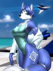 Size: 4500x6000 | Tagged: safe, artist:mykegreywolf, krystal (star fox), canine, fox, mammal, anthro, nintendo, star fox, 2021, absurd resolution, armpits, arwing, beach, black nose, blue body, blue fur, blue hair, breasts, cheek fluff, clothes, cloud, detailed background, dipstick tail, ear fluff, eyebrow through hair, eyebrows, eyelashes, female, fluff, fur, glistening, glistening clothing, hair, hand on hip, head jewelry, high-cut clothing, jacket, jewelry, looking at you, ocean, one-piece swimsuit, outdoors, seaside, short hair, shoulder fluff, sky, smiling, solo, solo female, swimsuit, tail, tail fluff, tail jewelry, tail ring, teal eyes, topwear, tribal markings, undressing, vixen, water, white body, white fur