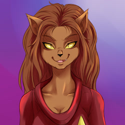 Size: 1200x1200 | Tagged: safe, artist:plague of gripes, m'ress (star trek), alien, caitian, feline, fictional species, mammal, anthro, cc by-nc, creative commons, star trek, star trek the animated series, 2016, abstract background, breasts, cleavage, clothes, female, open mouth, smiling, solo, solo female
