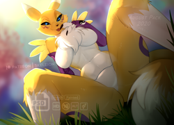 Size: 1000x720 | Tagged: suggestive, artist:skeleion, fictional species, renamon, anthro, digimon, 2020, armwear, belly button, black nose, black sclera, blep, blue eyes, body markings, breasts, chest fluff, claws, colored sclera, ears, facial markings, featureless breasts, featureless crotch, female, fluff, looking at you, looking down, looking down at you, low angle, solo, solo female, tail, tongue, tongue out