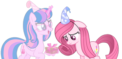Size: 1426x682 | Tagged: safe, artist:muhammad yunus, oc, oc only, oc:annisa trihapsari, oc:hsu amity, alicorn, earth pony, equine, fictional species, ghost, mammal, pony, undead, feral, friendship is magic, hasbro, my little pony, base used, duo, female, floppy ears, glasses, mare, medibang paint, open mouth, party hat, presenting, sad, simple background, telekinesis, transparent background