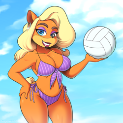 Size: 3600x3600 | Tagged: safe, artist:omegasunburst, tawna bandicoot (crash bandicoot), bandicoot, mammal, marsupial, anthro, crash bandicoot (series), 1:1, 2020, ball, belly button, big breasts, bikini, black nose, blonde hair, blonde tail, blue eyes, breasts, cleavage, clothes, curvy, curvy figure, detailed background, ear piercing, earring, eyebrows, eyelashes, eyeshadow, female, fur, hair, hand on hip, high res, lipstick, long hair, looking at you, makeup, nail polish, piercing, short tail, sky, smiling, smiling at you, solo, solo female, swimsuit, tail, thick thighs, thighs, volleyball, voluptuous, wide hips