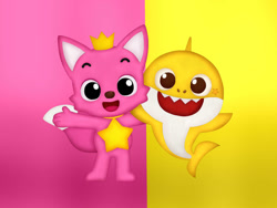 Size: 1032x774 | Tagged: safe, artist:ritalogicarts, brooklyn (pinkfong), pinkfong (pinkfong), canine, fish, fox, mammal, shark, feral, semi-anthro, pinkfong, baby, baby shark, crown, duo, duo male, fur, jewelry, male, males only, pink body, pink fur, regalia, yellow body, young