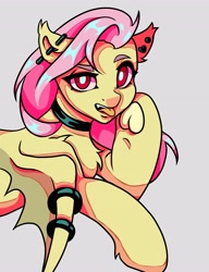 Size: 3144x4096 | Tagged: safe, artist:lukrxx, flutterbat (mlp), fluttershy (mlp), bat pony, equine, fictional species, mammal, pony, feral, friendship is magic, hasbro, my little pony, chest fluff, choker, ear piercing, earring, female, fluff, hooves, looking at you, open mouth, piercing, raspberry, red eyes, solo, solo female, species swap, spread wings, tongue, tongue out, underhoof, wings