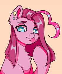 Size: 3442x4096 | Tagged: safe, artist:lukrxx, pinkamena diane pie (mlp), pinkie pie (mlp), earth pony, equine, fictional species, mammal, pony, feral, friendship is magic, hasbro, my little pony, blue eyes, chest fluff, female, fluff, lidded eyes, looking at you, solo, solo female