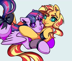 Size: 4096x3459 | Tagged: safe, artist:lukrxx, sunset shimmer (mlp), twilight sparkle (mlp), alicorn, equine, fictional species, mammal, pony, unicorn, feral, friendship is magic, hasbro, my little pony, bow, cuddling, duo, duo female, ear piercing, earring, female, female/female, females only, green eyes, hug, looking at you, piercing, purple eyes, shipping, smiling, sunsetsparkle (mlp), tail, tail bow