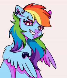 Size: 3524x4096 | Tagged: safe, artist:lukrxx, rainbow dash (mlp), equine, fictional species, mammal, pegasus, pony, feral, friendship is magic, hasbro, my little pony, ear piercing, earring, female, grin, lidded eyes, looking at you, piercing, purple eyes, smiling, solo, solo female, spread wings, wings