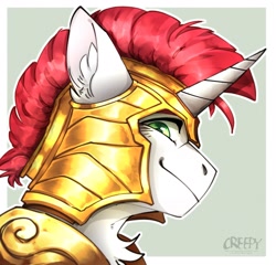 Size: 1967x1890 | Tagged: safe, artist:creepyistaken, royal guard (mlp), oc, oc only, equine, fictional species, mammal, pony, unicorn, feral, friendship is magic, hasbro, my little pony, armor, chest fluff, ear fluff, fluff, green eyes, looking at you, male, smiling, solo, solo male